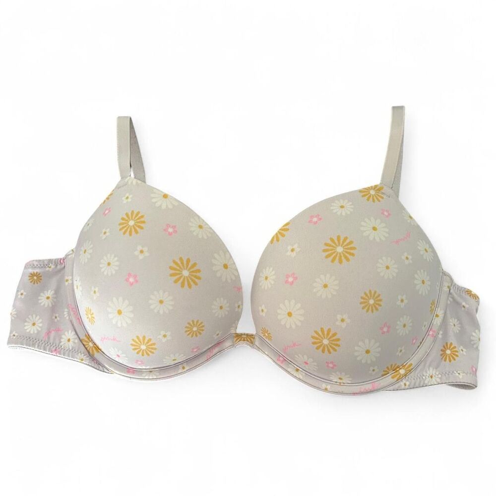Pink Victoria’s Secret  Daisy print bra 32C super push up bombshell padding